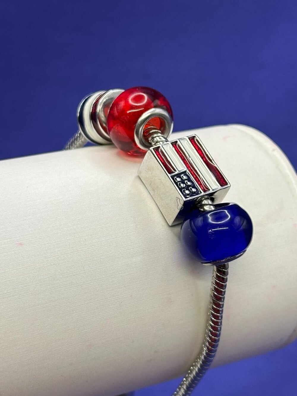 Pandora Style Patriotic Red, White & Blue Slide Charm Bracelet